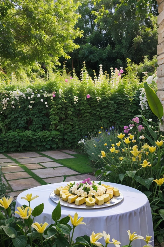 Banana dessert in a garden with sunlight and flowers."