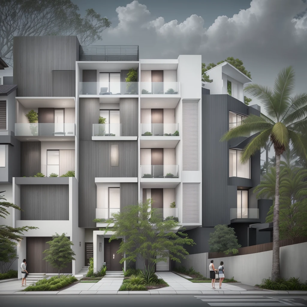RAW photo, Exterior of five story white modern house, townhouse, (road:1.3), (sidewalk:1.3), (sidewalk trees:1.3), (residences area:1.4), dawn time, overcast, fog, tropical trees and plants, (high detailed:1.2), 8k uhd, dslr, soft lighting, high quality, film grain, Fujifilm XT3, (sharpen:1.5)