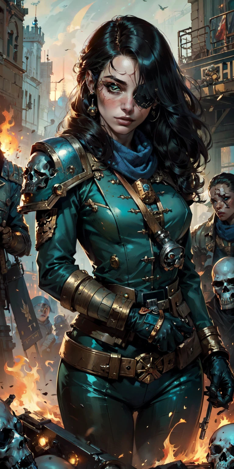 (masterpiece:1.2), (Best Quality:1.2), Perfect eyes, perfect face, perfect lighting, 1 girl, Sororitas mature whore with bolt pistol in hands, scar over one eye, eye patch, by white, skulls on the ground, Warhammer 40K, chaos, fire, Science fiction, Detailed battlefield background