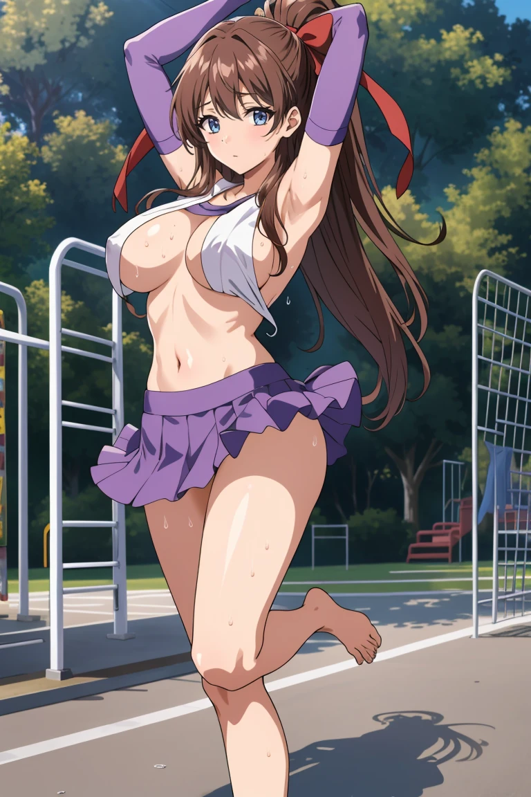 Highest quality、Complete limbs、Full Finger、Slender beauty、Straight Hair、Brown Hair、barefoot、Purple Cheerleader Costume、School playground、sweating、Wet texture、Beautiful big breasts、Dancing