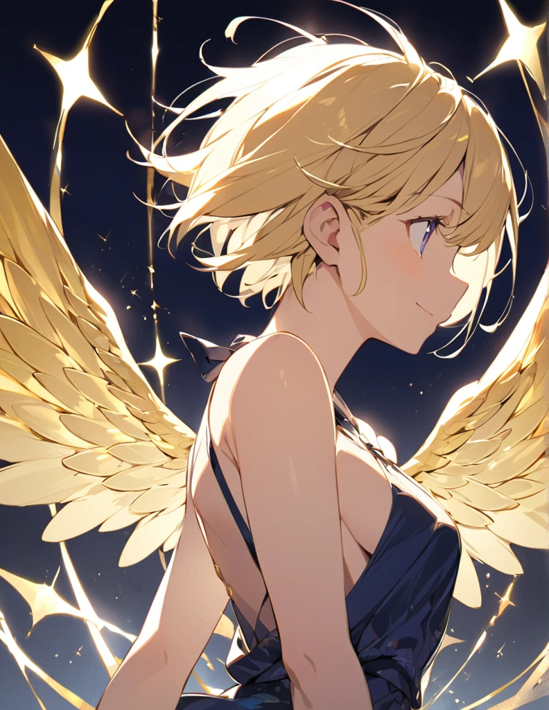 Profile of a cheerful blonde short-haired girl, side boob exposed　Indigo eyes　Golden wings