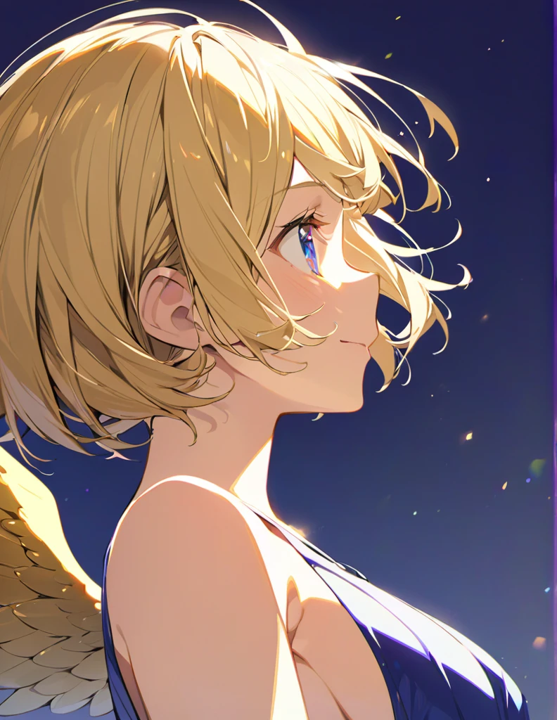 Profile of a cheerful blonde short-haired girl, side boob exposed Indigo eyes Golden wings