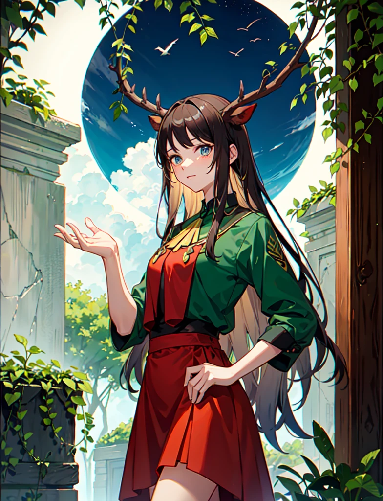 Human half deer, faunesa, arch of leaves