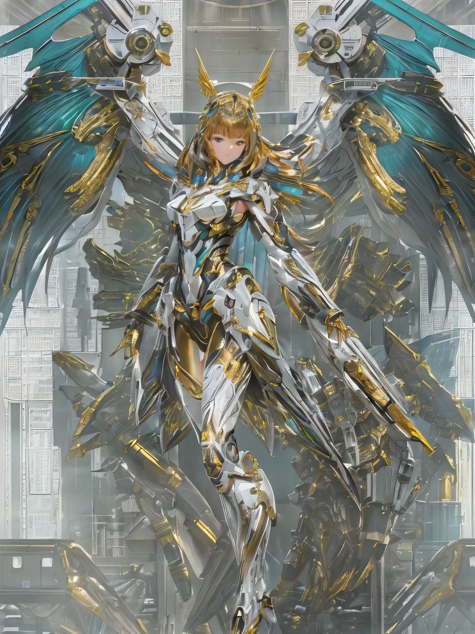 ((Highest quality)),(Ultra-high resolution),(Super detailed),(Detailed Description),((The best CG)),(masterpiece),Highly detailed art,(Sci-fi art with intricate detail:1.5), (woman:1.4),(A detailed and intricate mechanical body:1.4),(Mecha Wing:1.6),(mechatronics:1.3),(Glamorous Body:1.8),(Sharp Shine:1.6),(Metallic Color:1.8),(Dynamic Pose:1.8),(Sci-Fi Weapons:1.5),(SF Arms:1.5), (A spacious and well-designed hangar room:1.5),