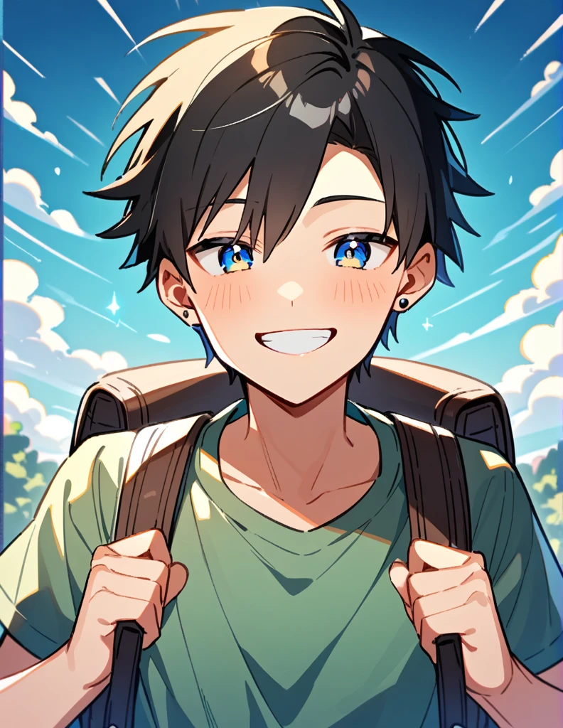 16 year old teenage boy, shoulder length black hair, wearing a and braces, wearing silver earrings, with a backpack and giving a small smile