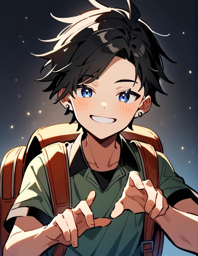 16 year old teenage boy, shoulder length black hair, wearing a  and braces, wearing silver earrings, with a backpack and giving a small smile