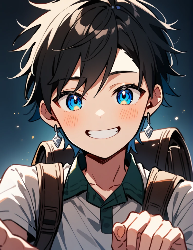 16 year old teenage boy, shoulder length black hair, wearing a  and braces, wearing silver earrings, with a backpack and giving a small smile