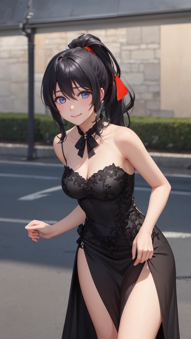 HimejimaAkeno, 1girl, closed mouth, smile, blush, black hair, long hair, purple eyes, ponytail, red ribbon,
BREAK (Black dress for a ball dance:1.2)
BREAK standing, looking at viewer, outdoors, castle,
BREAK (masterpiece:1.2), best quality, high resolution, unity 8k wallpaper, (illustration:0.8), (beautiful detailed eyes:1.6), extremely detailed face, perfect lighting, extremely detailed CG, (perfect hands, perfect anatomy),