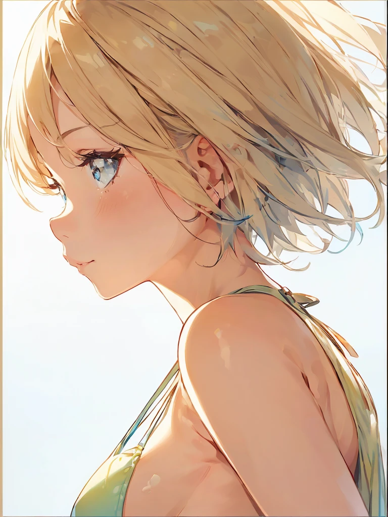 Girl with a depressed face Sideboob Exposure A cute girl in a swimsuit（original bikini swimsuit）(Small body) (Little Girl:1.5), (blonde:1.5）(eyelash:1.2)(eye shadow:1.3) (Blue eyes:1.5), (Beautiful fine details:1.4) (Short Bob Hair:1.4), (Blue eyes)(Big Breasts:1.3) (White skin:1.2)Height: 130cm, original character, Fantasy, View Viewer Art： (A girl with beautiful deep eyes. The depth of field in the photo is perfect、Lens flares create a nice atmosphere. The details of her face really stand out, This photo definitely gets a 10 or more.. background, There is a beautiful sea with crystal clear water and water droplets floating on the surface.　Laughing happily