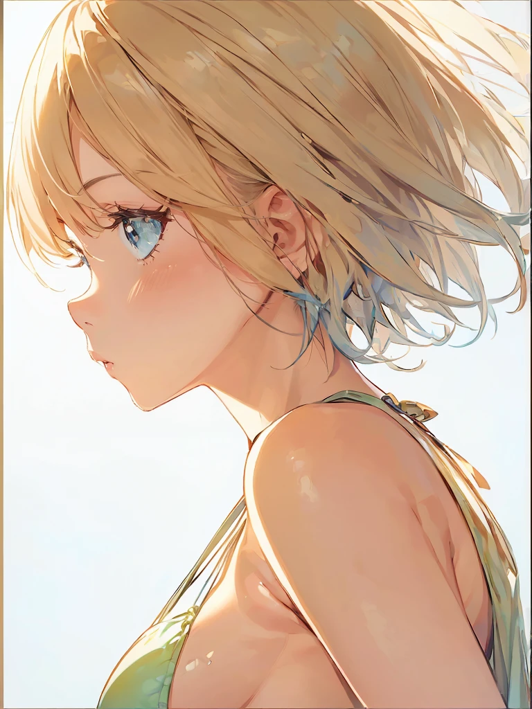 Girl with a depressed face Sideboob Exposure A cute girl in a swimsuit(original bikini swimsuit)(Small body) (Little Girl:1.5), (blonde:1.5)(eyelash:1.2)(eye shadow:1.3) (Blue eyes:1.5), (Beautiful fine details:1.4) (Short Bob Hair:1.4), (Blue eyes)(Big Breasts:1.3) (White skin:1.2)Height: 130cm, original character, Fantasy, View Viewer Art: (A girl with beautiful deep eyes. The depth of field in the photo is perfect、Lens flares create a nice atmosphere. The details of her face really stand out, This photo definitely gets a 10 or more.. background, There is a beautiful sea with crystal clear water and water droplets floating on the surface. Laughing happily