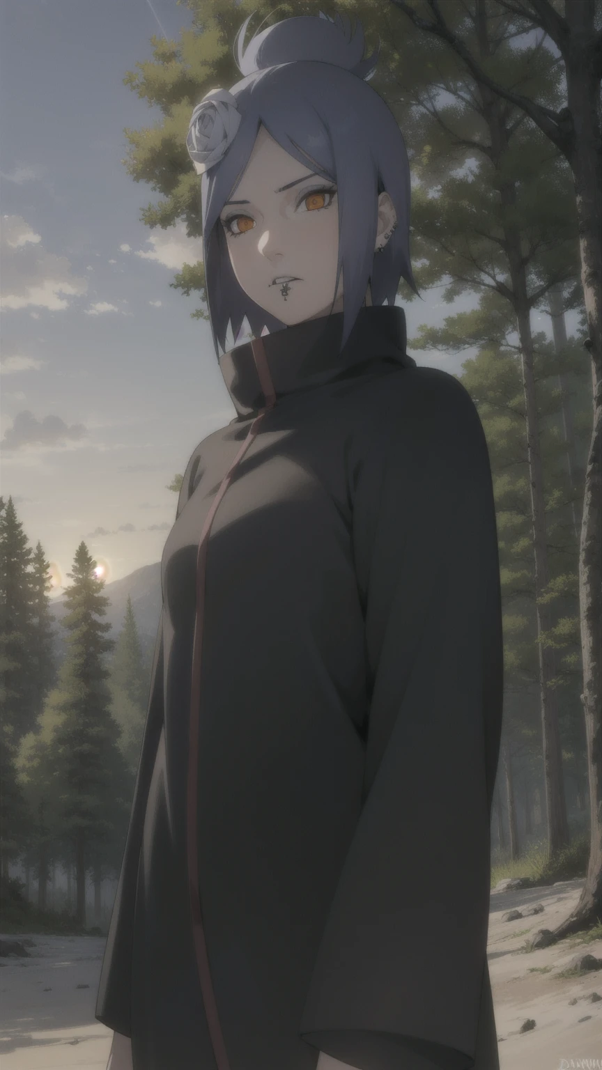 The Woman, The Woman, short hair, hair ornaments, Blue Hair, flower, hair flower, (Orange eyes:1.2), (Labret Piercing:1.2), eye shadow,
break coat, Cape, Black coat, black Cape, (dawn uniform:1.5), dawn \(naruto\),
break outdoors, forest, nature, null, cloud, sun,
break looking at viewer, (Cowboy Shot:1.5),
break (masterpiece:1.2), Highest quality, High resolution, unity 8k wallpaper, (figure:0.8), (Beautiful attention to detail:1.6), Highly detailed face, Perfect lighting, Highly detailed CG, (Perfect hands, Perfect Anatomy),