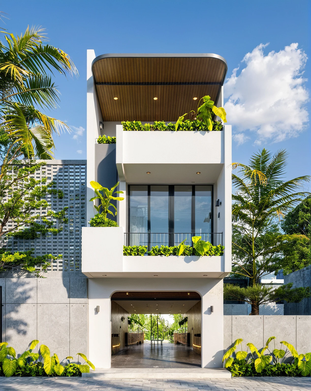 Masterpiece, high quality, best quality, authentic, super detail, outdoors, onestoreyvillaXL, aiaigroup, house style modern on the street ,stairs ,curve linear, white wall ,road,pavement, grass, trees, sky, cloud, (daylight:1.1)
