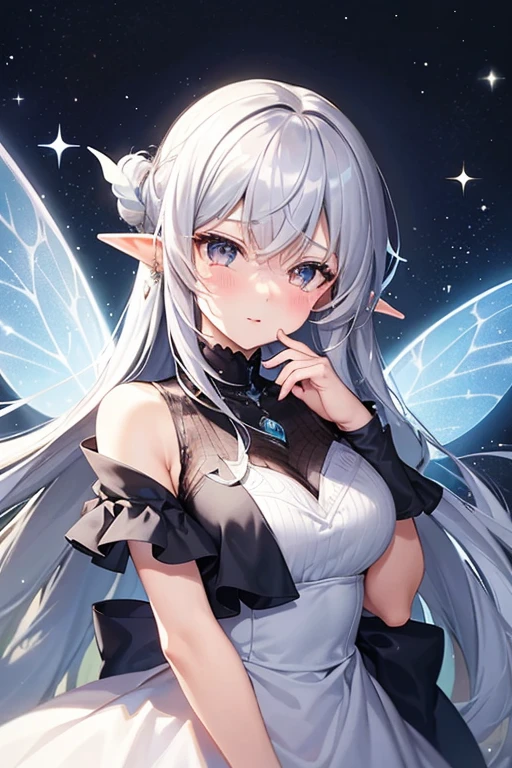 Highest quality, expensive_solve, clear_image, One girl, Gray Hair, Long pointed ears, tears, Closed eyes, Character design drawings, Sparkle Effect, Minimalist, Fairy,Night Forest