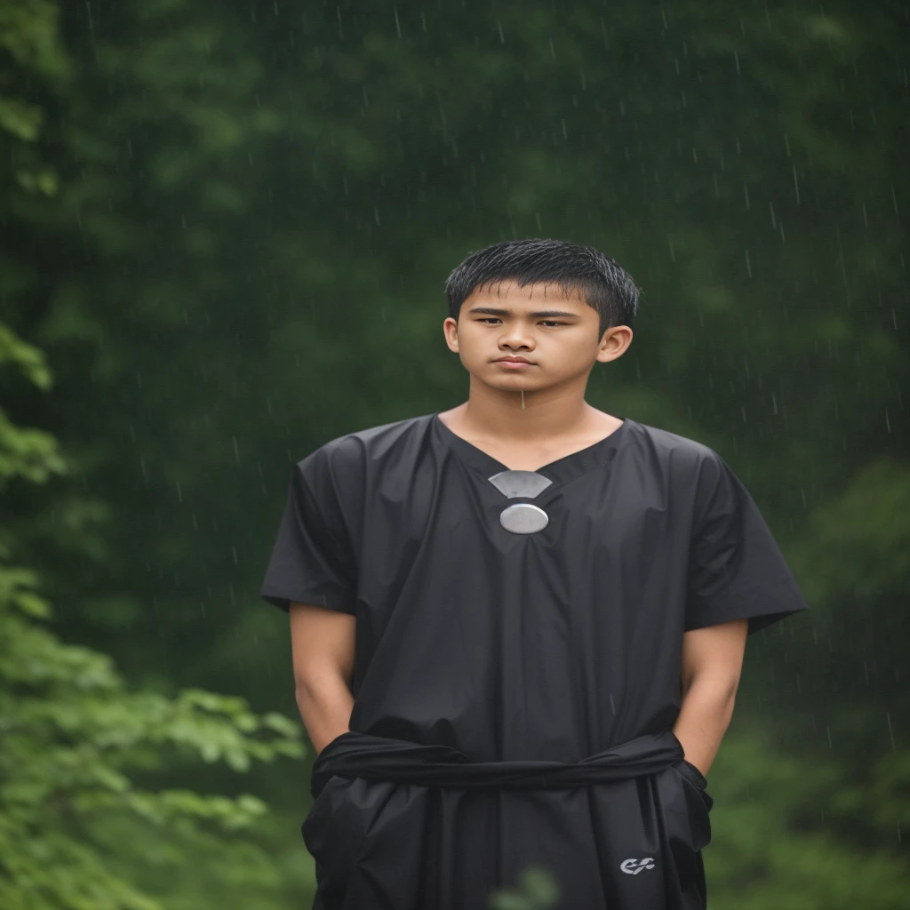 there is a man standing in the rain with a sword, he is wearing a black kamishimo, teenage boy, male teenager, in the rain, teen boy, raining portrait, in a rainy environment, just after rain, ,teenage boy, at evening during rain, with a sad expression, standing in the rain, menacing look, handsome