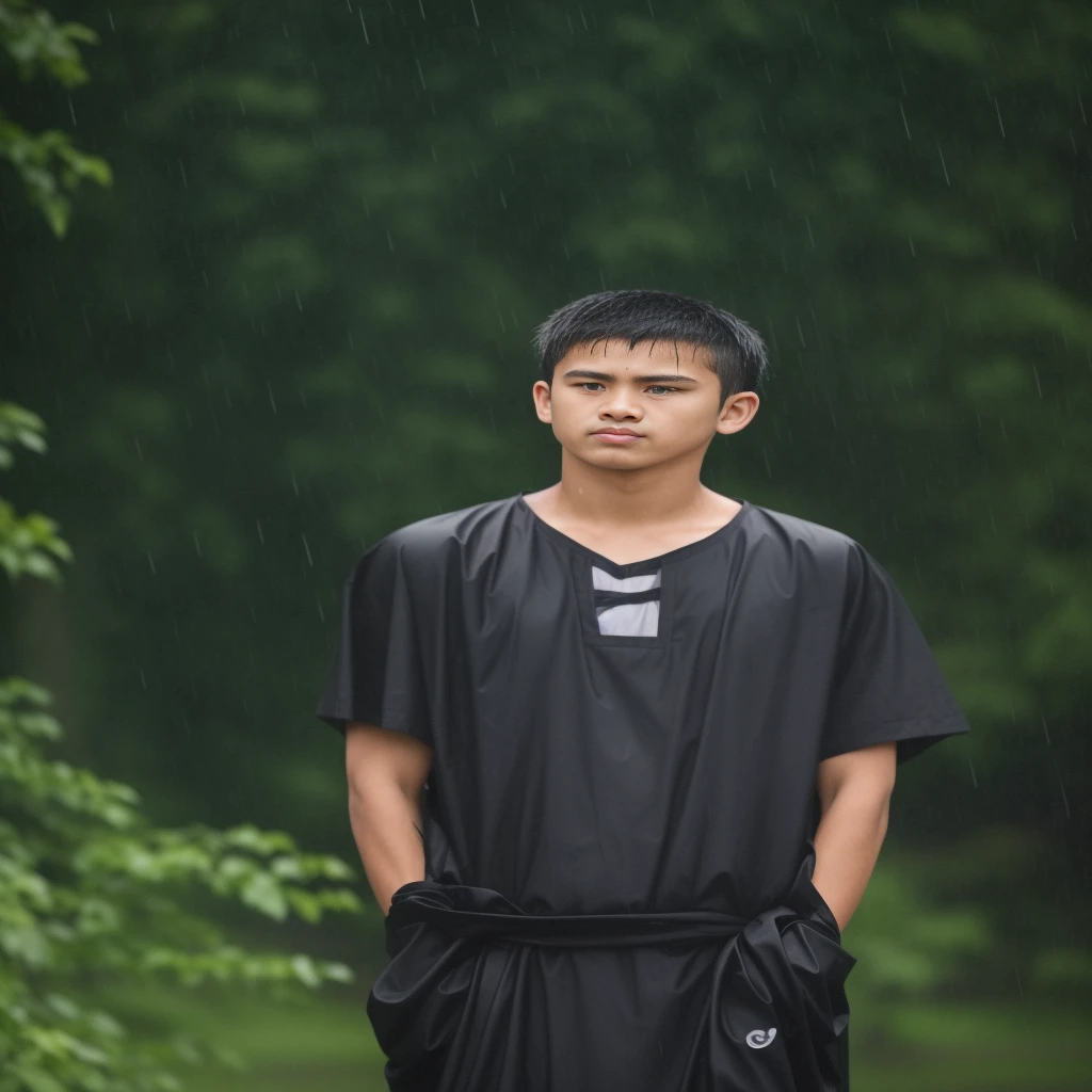 there is a man standing in the rain with a sword, he is wearing a black kamishimo, teenage boy, male teenager, in the rain, teen boy, raining portrait, in a rainy environment, just after rain, ,teenage boy, at evening during rain, with a sad expression, standing in the rain, menacing look, handsome