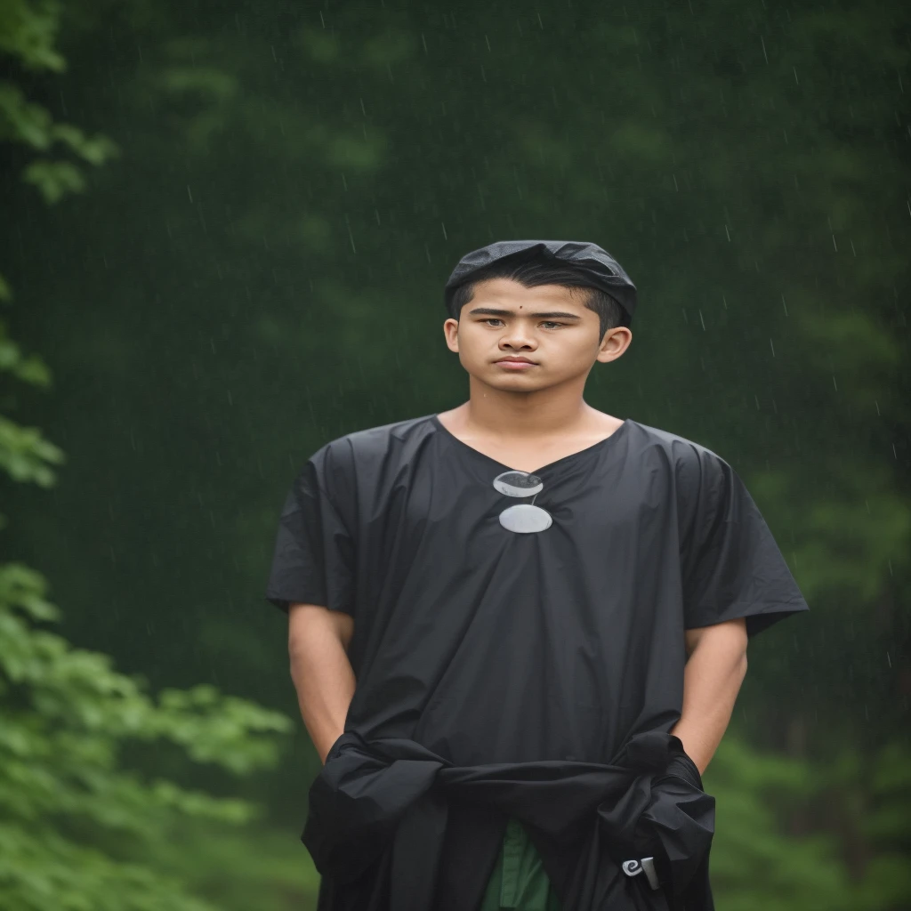 there is a man standing in the rain with a sword, he is wearing a black kamishimo, age boy, male teen, in the rain, teen boyining portrait, in a rainy environment, just after rain, ,teenage boy,evening during rain, with a sad expression, standing in the rain, menacing look, handsome