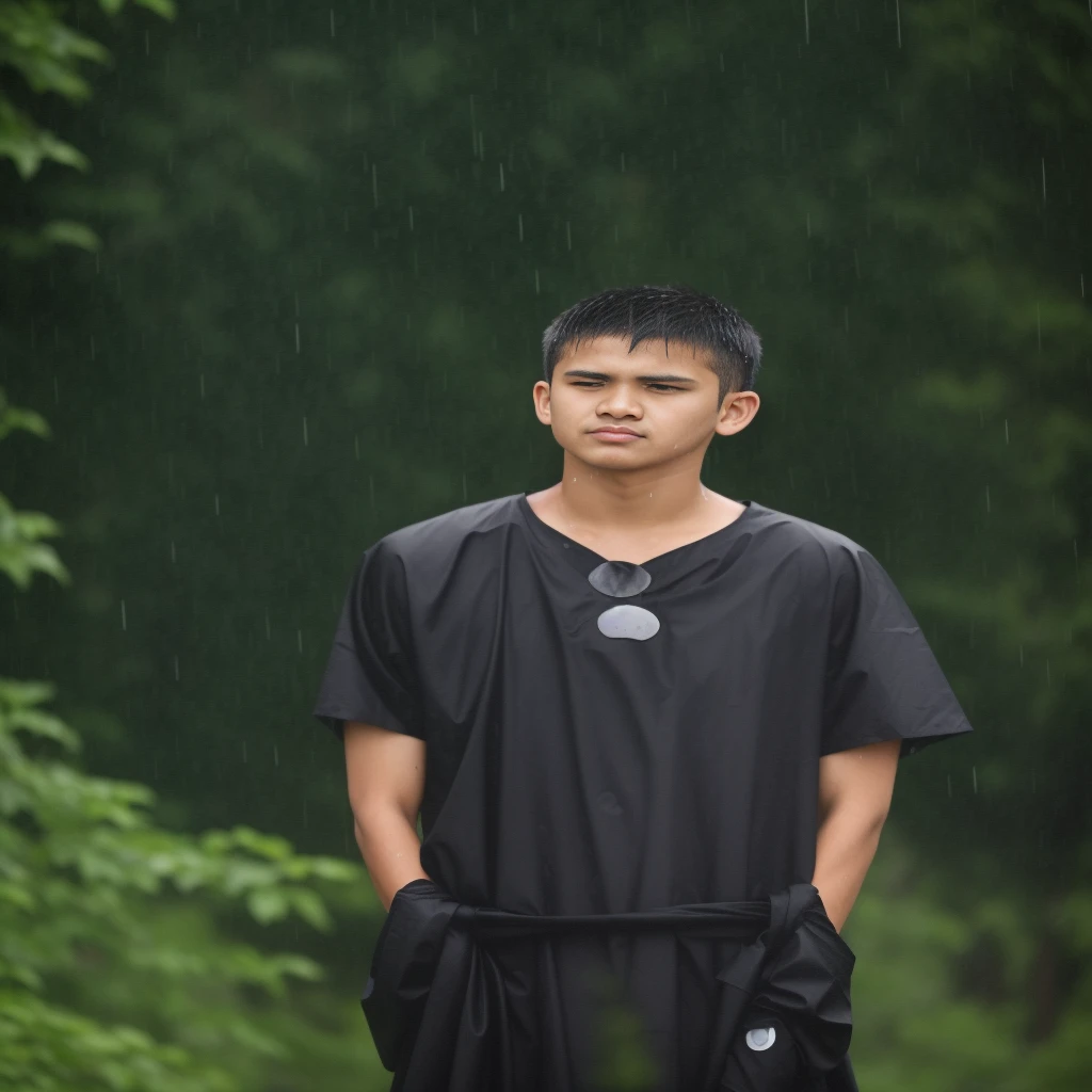 there is a man standing in the rain with a sword, he is wearing a black kamishimo, teenage boy, male teenager, in the rain, teen boy, raining portrait, in a rainy environment, just after rain, ,teenage boy, at evening during rain, with a sad expression, standing in the rain, menacing look, handsome