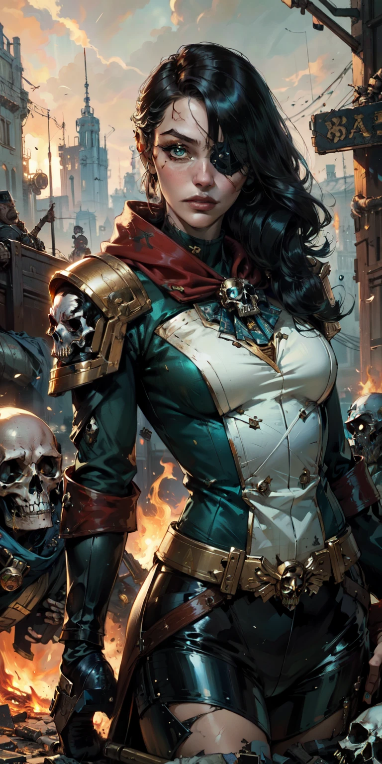 (masterpiece:1.2), (Best Quality:1.2), Perfect eyes, perfect face, perfect lighting, 1 girl, Sororitas mature whore with bolt pistol in hands, scar over one eye, eye patch, by white, skulls on the ground, Warhammer 40K, chaos, fire, Science fiction, Detailed battlefield background