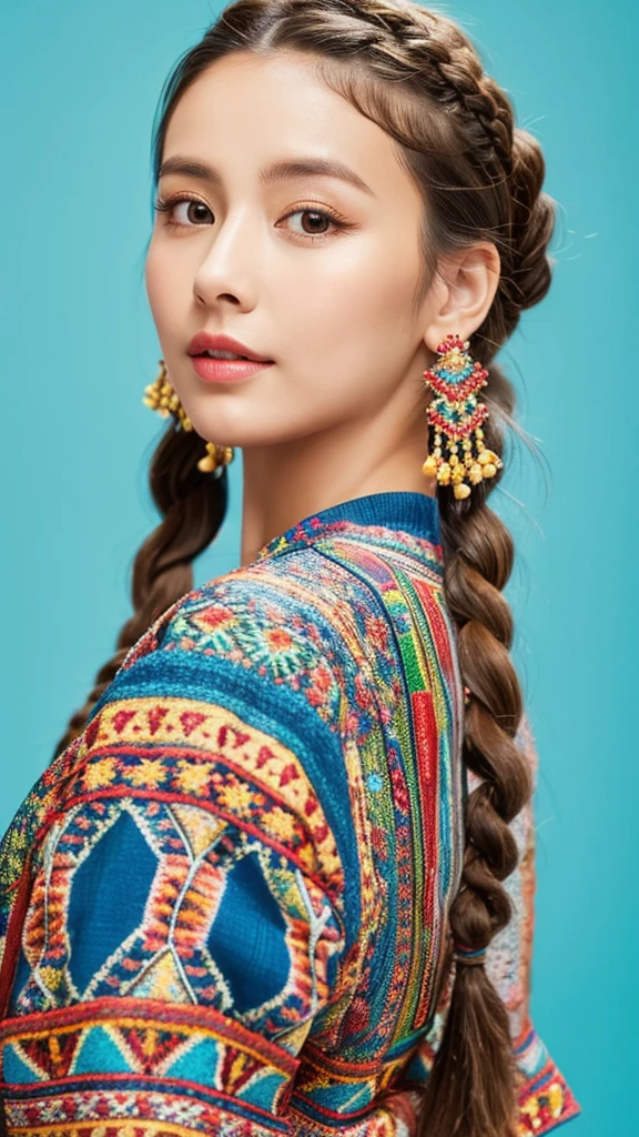 The features of this image are as follows
1. a woman is in the picture
2. her hair is in a two bun style
3. she has long braided hair
4. she is wearing large colorful earrings
5. wearing colorful embroidered clothing
6. plain background
7. natural makeup
These are the main characteristics of the image.