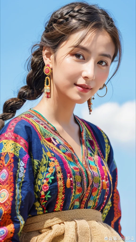 The features of this image are as follows
1. a woman is in the picture
2. her hair is in a two bun style
3. she has long braided hair
4. she is wearing large colorful earrings
5. wearing colorful embroidered clothing
6. plain background
7. natural makeup
These are the main characteristics of the image.
