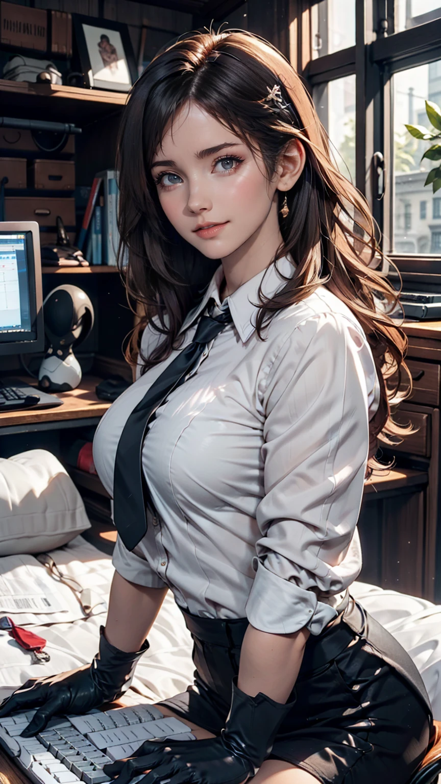 masterpiece, Highest quality, Twitch-chan, Hair Clip, hair ornaments, Collared shirt, No sleeve, tie, gloves, sitting behind a desk, View your viewers, smile, wave hands, bedroom, bed, computer mouse, keyboard 、24-year-old woman、Sexy proportionature female body、Sexy proportionakeup、Textured skin((textured skin))、smile、Narrow waist