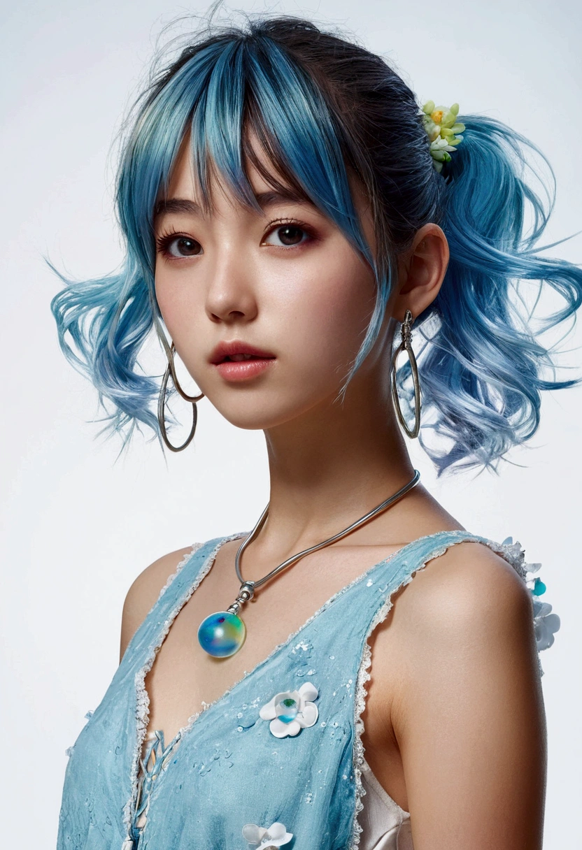 (masterpiece), (best quality), (ultra detailed),(disheveled hair),(illustration), (1girl), (Fashionable clothing), standing, Fashion model, looking at viewer, (interview), (simple background),beautiful detailed eyes, delicate beautiful face, Floating,(high saturation),(colorful splashes),colorful bubble,(shining), focus on face, ponytail, kamisato ayaka, light blue hair, bangs, hair ring, floating flowers, floating hairs, (shining), best lighting, best shadow,