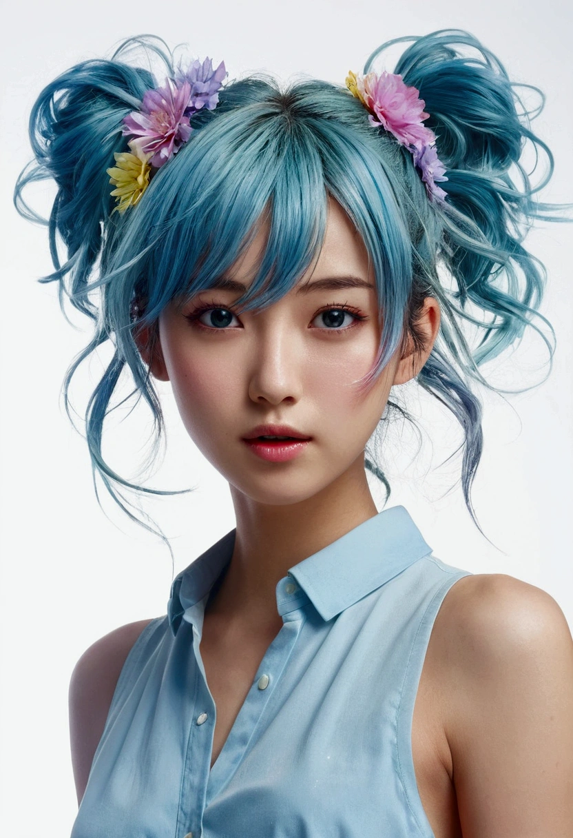 (masterpiece), (best quality), (ultra detailed),(disheveled hair),(illustration), (1girl), (Fashionable clothing), standing, Fashion model, looking at viewer, (interview), (simple background),beautiful detailed eyes, delicate beautiful face, Floating,(high saturation),(colorful splashes),colorful bubble,(shining), focus on face,  ponytail, kamisato ayaka, light blue hair, bangs, hair ring, floating flowers, floating hairs, (shining), best lighting, best shadow,