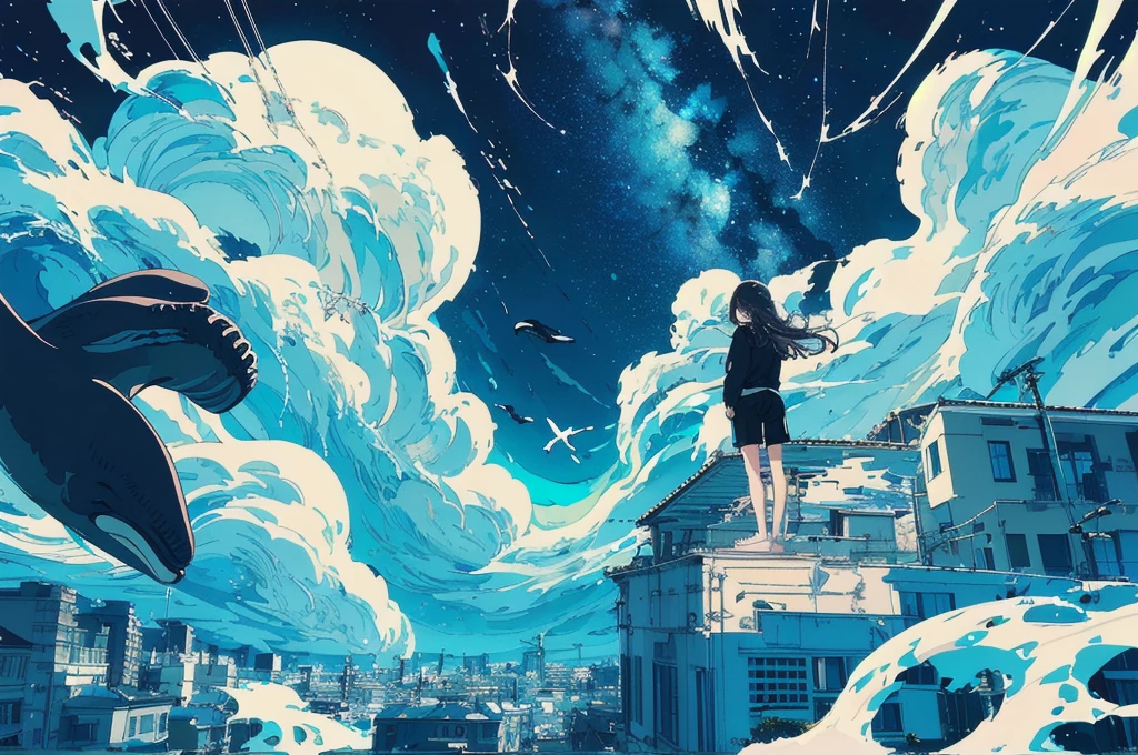 masterpiece, Exquisite detail,Highest quality, One girl, alone, handrail, cloud, Looking up at the buildings,Long Hair, zero, Long sleeve, Power lines, White footwear, Black Hair, View your viewers, Electric pole, bangs, cloudy zero, fish, bird, Green Eyes, Shorts, Day, Black Shirt, barefoot,Whale flying in the sky,Giant whale,night,Star,milky way,night,Pitch black,Buildings,Sitting, High quality anime art style,Standing painting,Splash ink background,Blue Themes,Clear Face,Distinct facial features