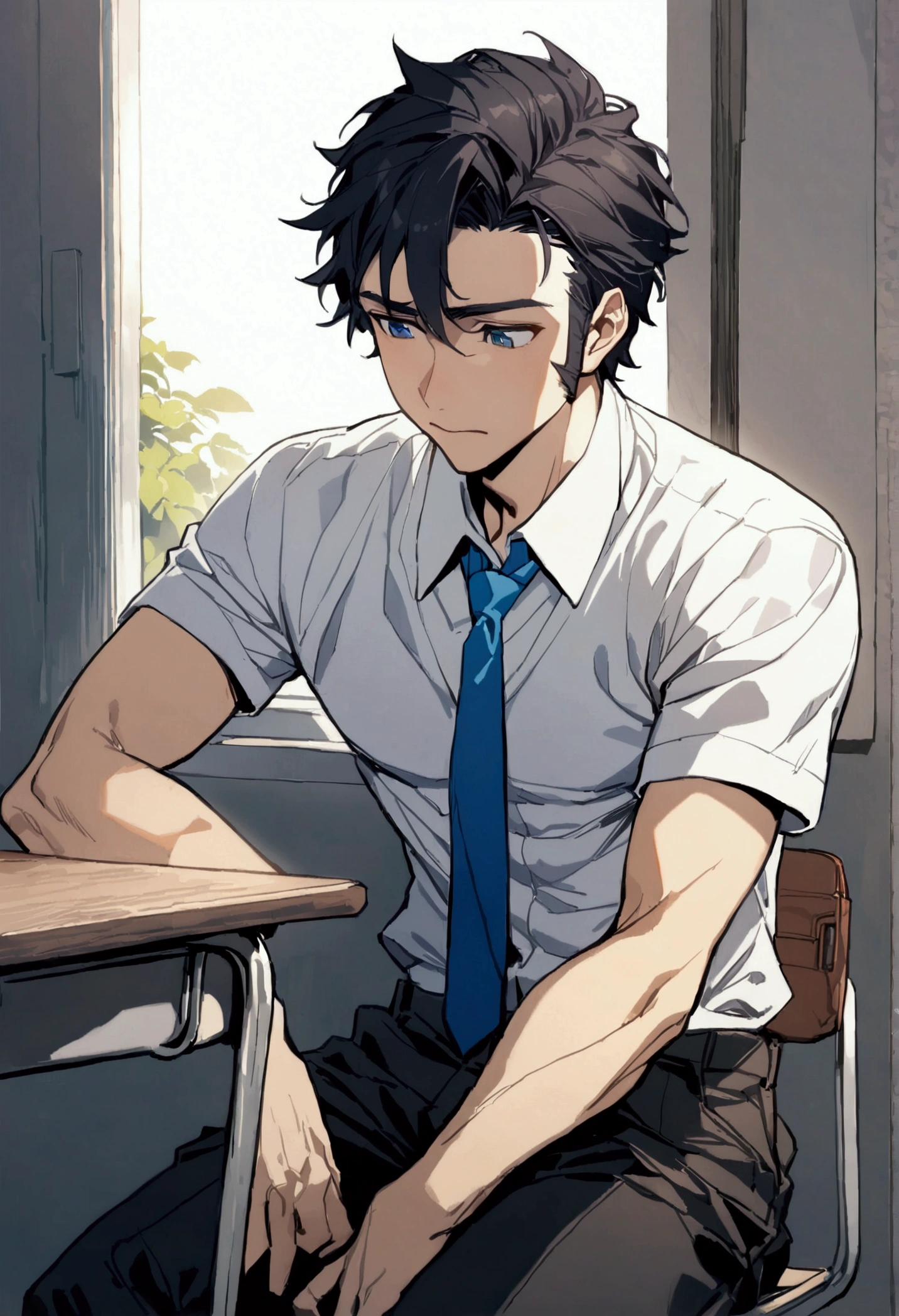 masterpiece, best quality, extremely detailed, ultra detailed, flat anime, 2D, ((1boy)),black hair, (short hair:1.5),blue eyes, height 1.7meters, (circle eyes:1.2), (young adult:1.2), Ear-length sideburns,height 1.7meters, High School Uniforms, white shirt, blue tie, ((short sleeves)), ((long pants)), sitting, closed mouth, thinking, upper body, summer, classroom, 11AM,looking at his smart phone., Operating a smart phone, baby face, bangs