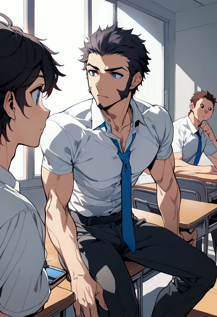 masterpiece, best quality, extremely detailed, ultra detailed, flat anime, 2D, ((1boy)),black hair, (short hair:1.5),blue eyes, height 1.7meters, (circle eyes:1.2), (young adult:1.2), Ear-length sideburns,height 1.7meters, High School Uniforms, white shirt, blue tie, ((short sleeves)), ((long pants)), sitting, closed mouth, thinking, upper body, summer, classroom, 11AM,looking at his smart phone., Operating a smart phone, baby face, bangs