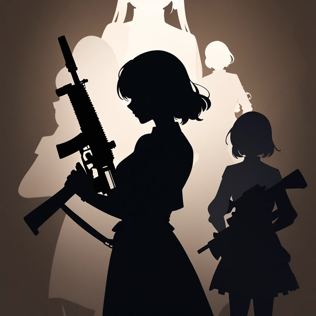 a silhouette of a woman holding a gun, character silhouette, detailed silhouette, half - body shot, half-body shot, black silhouette, of a sniper girl in war, female lead character, silhouette!!!, female spy, half body shot, silhoutte, carrying a rifle, stylized silhouette, woman silhouette, silhouette :7, siluette