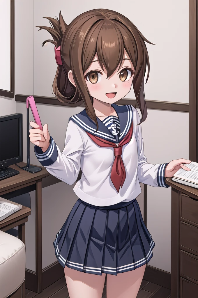 Highest quality, masterpiece, High resolution, alone, {inazuma_Kantai Collection}, brown_hair, Folded_ponytail, brown_eye, length_hair, Open_mouth, smile, School_uniform,skirt,Pleats_skirt,((Flat Chest, Small breasts)), (panties), (bra), (In underwear), (Flashy underwear), (lingerie), (indoor, office, living room), 