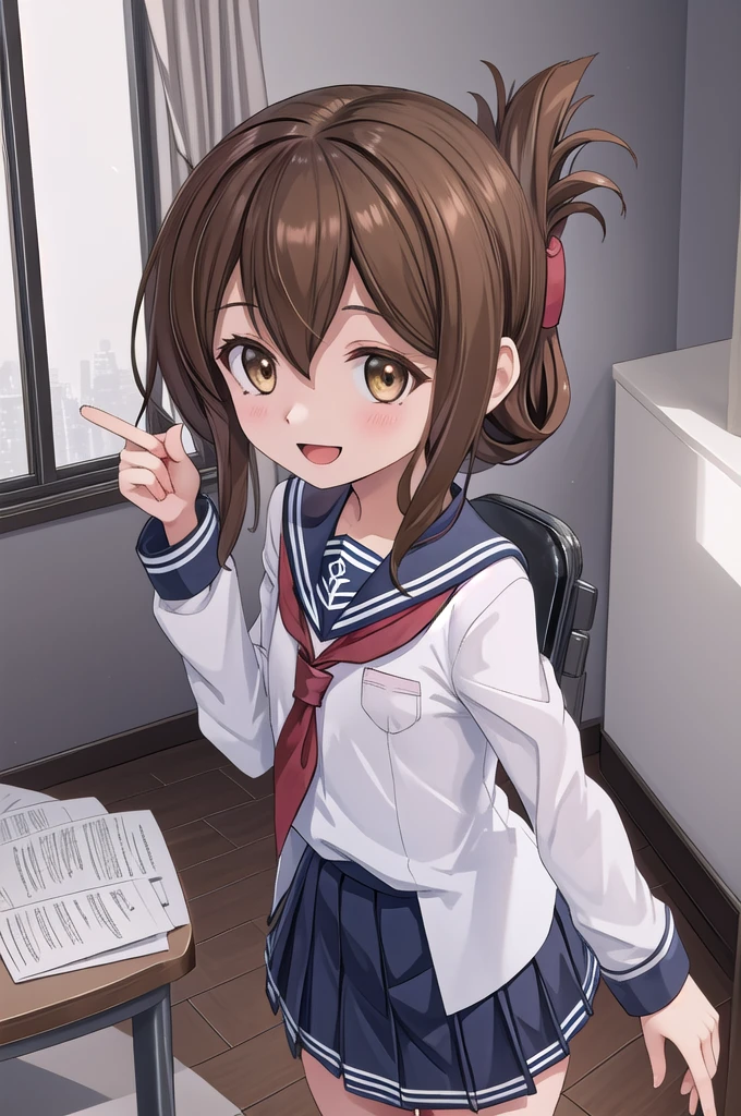 Highest quality, masterpiece, High resolution, alone, {inazuma_Kantai Collection}, brown_hair, Folded_ponytail, brown_eye, length_hair, Open_mouth, smile, School_uniform,skirt,Pleats_skirt,((Flat Chest, Small breasts)), (panties), (bra), (In underwear), (Flashy underwear), (lingerie), (indoor, office, living room),