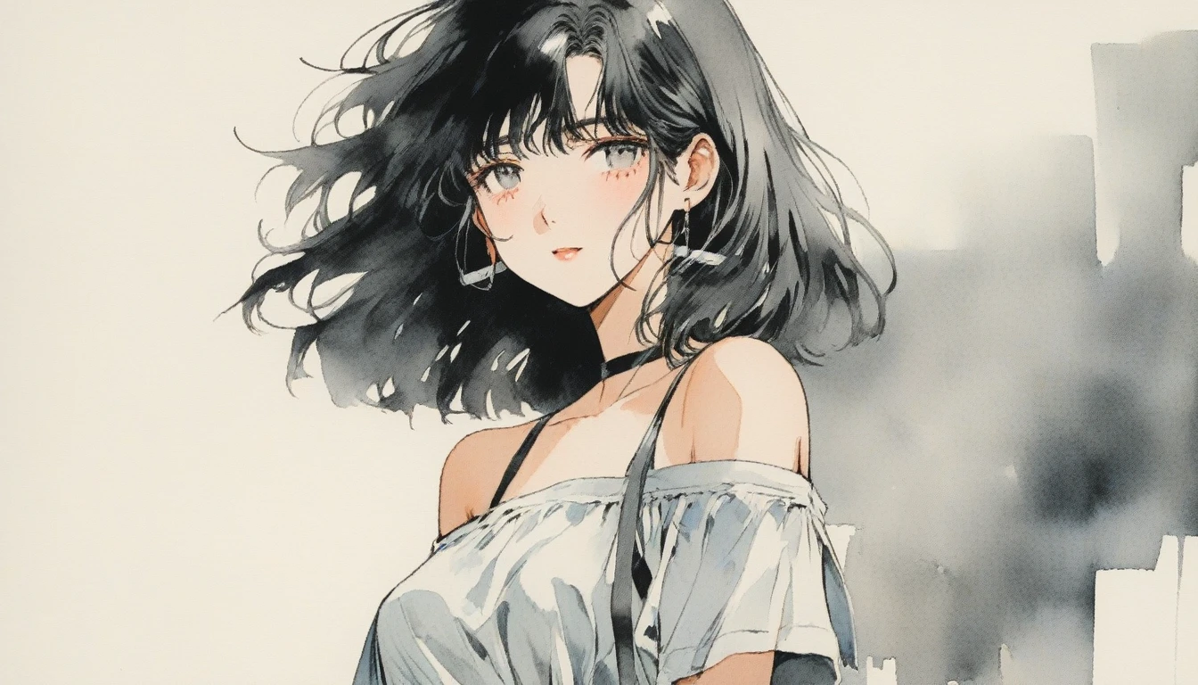1 busty girl, Alone, Long gray hair, mediuml breasts, looking at letd side , ssmile, through bangs, summer cloths,The shirt, a skirt, exposed bare shoulders, close your mouth, a black eye, black colored hair, short- sleeved, side locks, Shiny, cropped shoulders, Parted bangs, curlies, off-the-shoulder shirts, retro artstyle, 90s of the 20th century (Stylized), 80s of the 20th century (Stylized),wear headphone