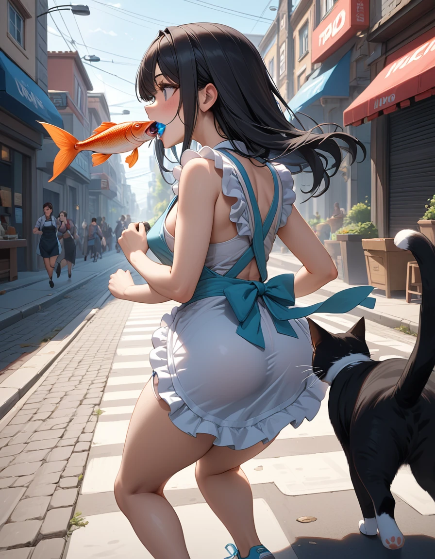 masterpiece, best quality, extremely detailed, Woman, black hair, apron, on the street, ((a cat running away with a fish in its mouth)),