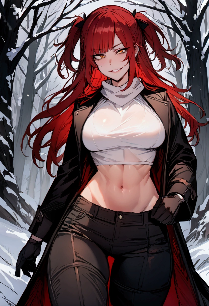 masterpiece, best quality 1girl, solo, beautiful woman, messy bangs, red hair, long hair, hair two side up by black bows , yellow eyes, grin, large breasts, toned stomach, white tank top, long black coat, figureless black gloves, pants, fantasy looking at viewer. snowy woods background
