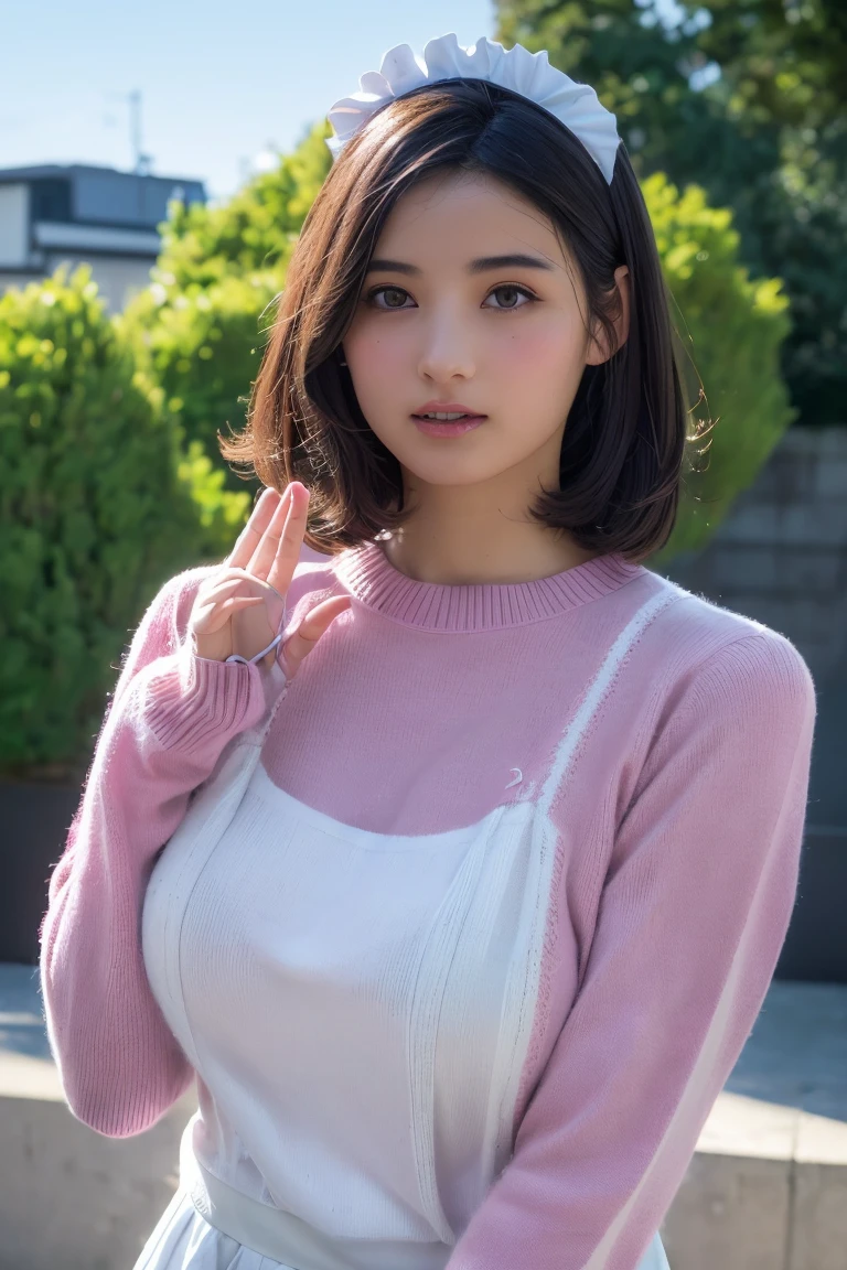 (8k, RAW Photos,Highest quality, High resolution:1.1), (Ultra-realistic:1.4),(Realistic, Realistic:1.3),The Beauty of Japan、Rhythmic gymnastics club、Rhythmic Gymnastics Uniform、((Upper Body:1.3)),Maid喫茶、((Maid:1.3)),(Pink knitted sweater:1.3),look up、Shooting from the sky、Big Breasts、No sleeve、Raising hand