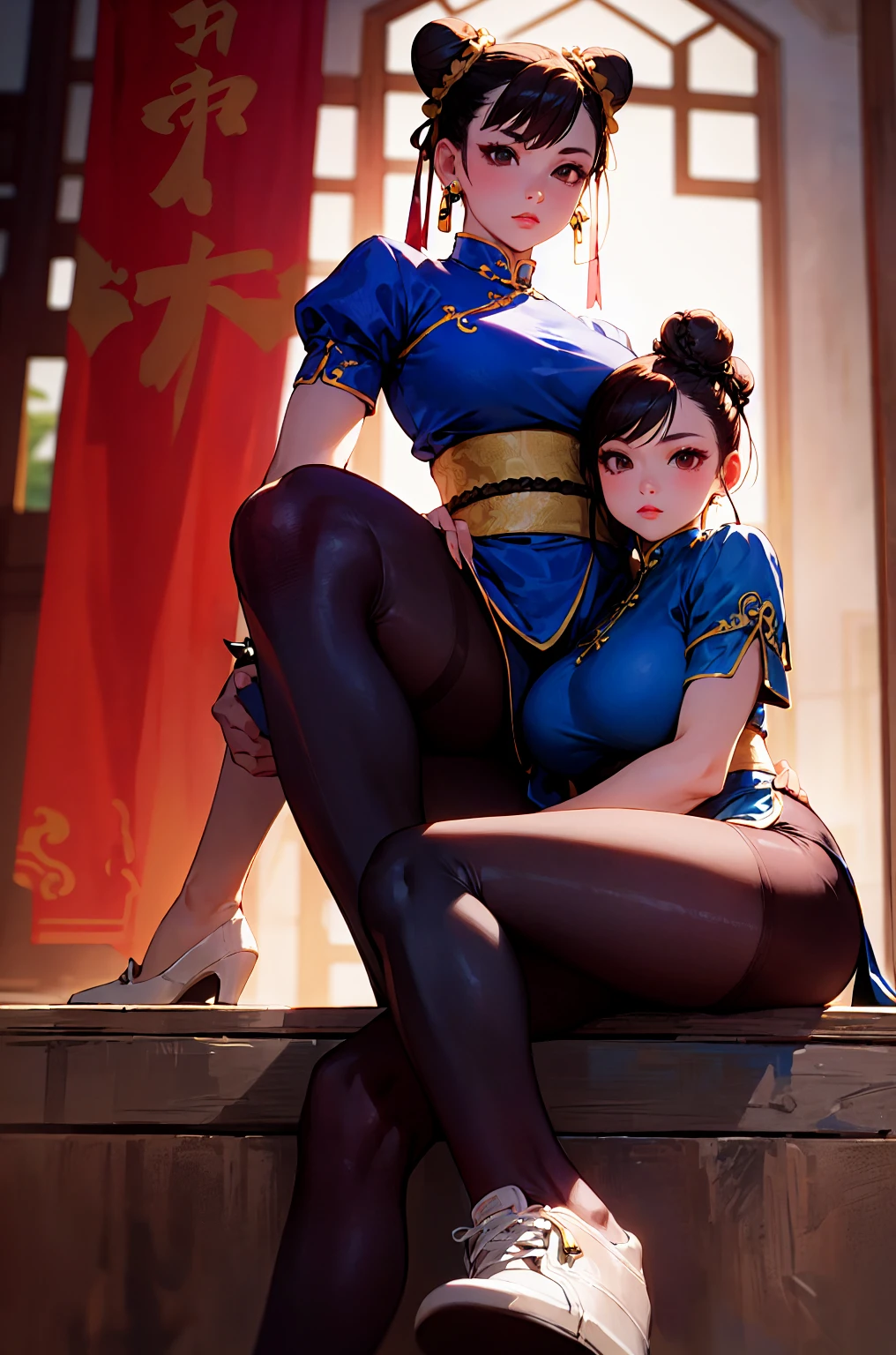 (Ultra-realistic,32K, masterpiece:1.2),(Skin with attention to detail:1.1),( high quality:1.1),
Chunli, Brown eyes, Brown Hair, (bun cover:1.5), Double Bang, eyeliner, Hair Bun, lipstick, compensate, Pink Lips,blue dress, boots, bracelet, brown pantyhose, china dress, Chinese clothing, Cross-laced shoes, dress, Gold border, jewelry, pantyhose, Pelvic Curtain, Puff sleeves, sash, Short sleeve, Side slits, spiked bracelet, spike, White footwear,,(View your viewers, Sitting, From below:1.1),, Huge breasts, Large Breasts,(Beautifully illuminated:1.1),  Shaolin Temple, China themed, Blurred Background,