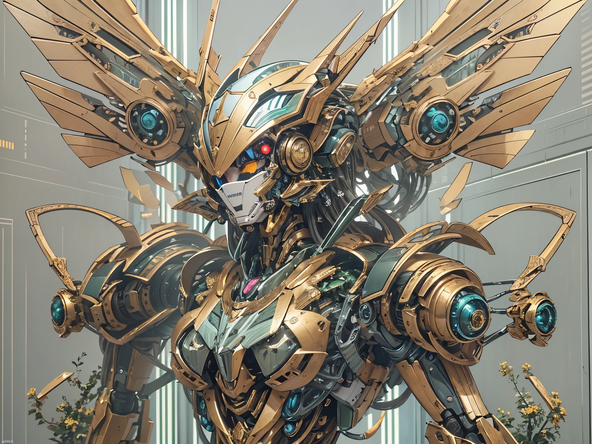 ((Highest quality)),(Ultra-high resolution),(Super detailed),(Detailed Description),((The best CG)),(masterpiece),Highly detailed art,(Sci-fi art with intricate detail:1.5), (woman:1.4),(Intricately detailed mechanical visor:1.5),(A detailed and intricate mechanical body:1.4),(Mecha Wing:1.6),(mechatronics:1.3),(Glamorous Body:1.8),(Sharp Shine:1.6),(Metallic Color:1.8),(Dynamic Pose:1.8),(Sci-Fi Weapons:1.5),(SF Arms:1.5), (A spacious and well-designed hangar room:1.5),