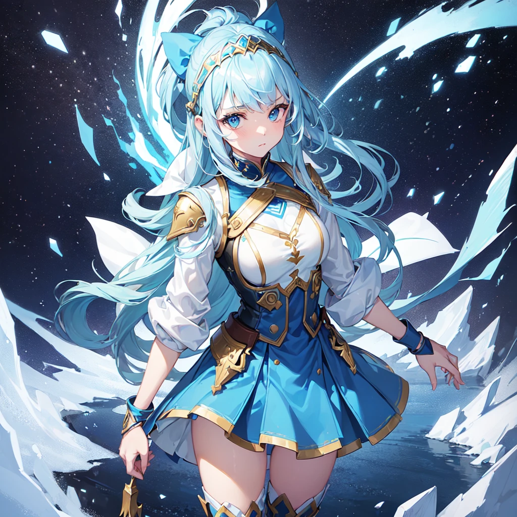 (One Girl,Front facing,Standing,Delicate facial expression:1.6), (anime,8k,masterpiece, Highest quality, Highest quality,beautifully,aesthetic:1.2,Professional illustrations:1.2,Super detailed:1.3), Very detailed, Most detailed, Brilliant, High resolution, Super detaileded, Very exquisite beautiful face and eyes, Emphasize the chest,A wizard-style tunic in blue and white.,A blue mini skirt following the jacket,tights,head band,Wristband,boots,breastplate