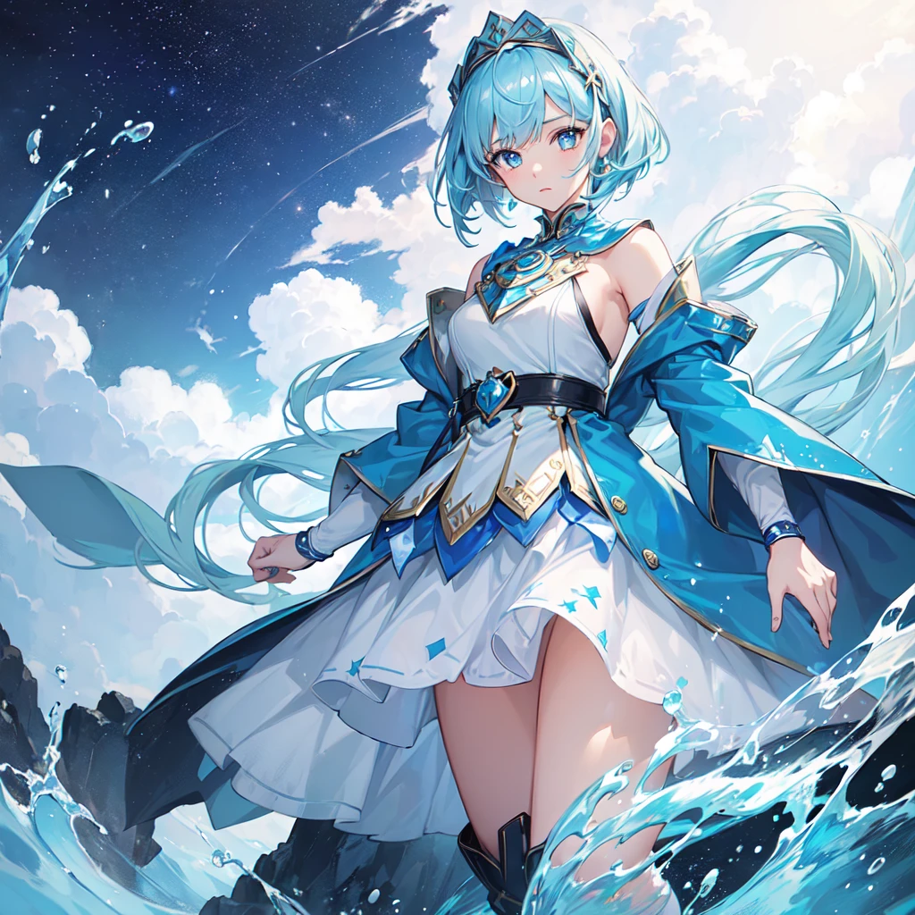 (One Girl,Front facing,Standing,Delicate facial expression:1.6), (anime,8k,masterpiece, Highest quality, Highest quality,beautifully,aesthetic:1.2,Professional illustrations:1.2,Super detailed:1.3), Very detailed, Most detailed, Brilliant, High resolution, Super detaileded, Very exquisite beautiful face and eyes, Emphasize the chest,A wizard-style tunic in blue and white.,A blue mini skirt following the jacket,tights,head band,Wristband,boots,breastplate