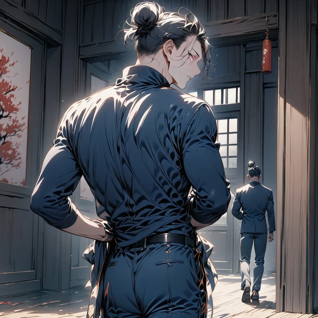 (masterpiece, best quality), intricate details, 1boy, man, black hair, , geto, suguru geto \(jujutsu kaisen\), long black hair partially tied up in a man bun while the rest drapes down his back, black eyes, dark blue gakuran jacket, matching pants, male focus, , polo neck jacket, slacked pants, , black loafers, japanese castle interior background, horror scene, upper body, full body shot, no human, high saturated colors.
