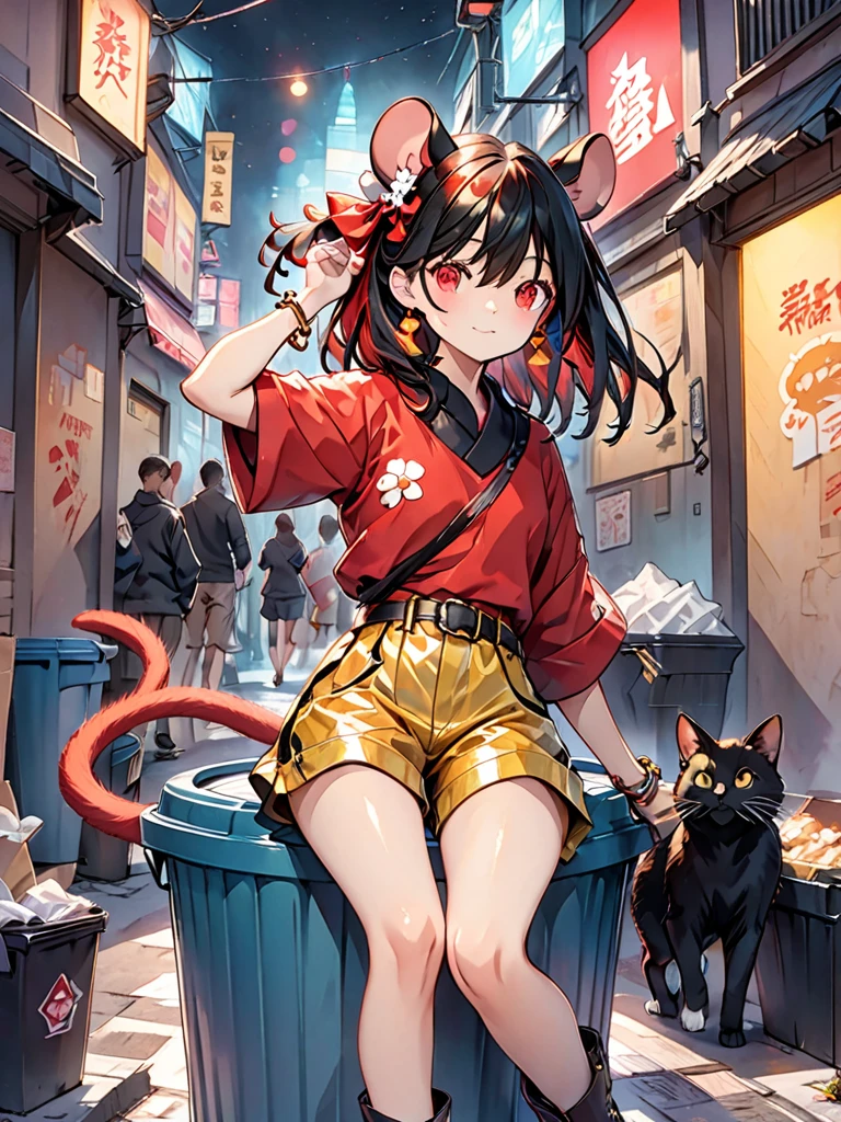 Appearance (Updated)
1. Face and Hair:
• Face: Cute with a slightly mischievous expression.
• Hair: Silver or gray, fluffy style, either short or long.
2. Ears and Tail:
• Ears: Human ears, with mouse-inspired hair accessories or earrings.
• Tail: None. Instead, wear mouse-tail-inspired accessories on the waist or bag.
3. Eyes:
• Color: Red. Large and expressive.
Outfit (Updated)
1. Top:
• Design: Black base with an illustration in yellow and red symbolizing a mouse’s victory over a cat.
2. Bottoms:
• Color: Metallic-colored shorts.
3. Footwear:
• Design: Slim, comfortable boots.
4. Accessories:
• Belt, bracelet, or necklace with mouse motifs. Small cheese or mouse designs as accents.
Background and Situation
• Background: Alley in a nighttime city. Neon lights reflect off the walls, with graffiti and trash cans adding to the urban atmosphere. A shadowy cat figure in the background hints at the mouse’s victory.
• Situation: The character strikes a triumphant pose. One foot on a trash can, holding a small flag or trophy, symbolizing victory.
Illustration Effects
• Light Effects: Use reflections and shadows from neon lights to highlight the character’s outline, particularly emphasizing the red eyes with highlights.
• Dynamic Pose: Create a sense of movement with the character’s pose, showing pride and activity. Hair and clothes should flow to enhance the dynamic feel.
• Color Contrast: The black top with yellow and red illustration should stand out against the neon background, making the character pop.
• Texture: Realistically depict the metallic shorts and boots, focusing on the shine and reflection to give a premium look.
To add dynamism to the illustration, use shadows, fluorescent colors, and have the character wear a black mask covering just the area around the eyes, like an American superhero, in the concept art.