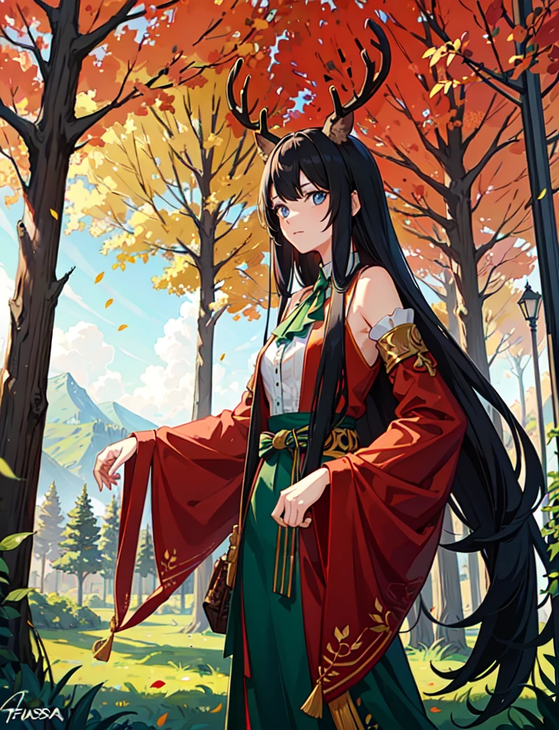 Human half deer, faunesa, arch of leaves