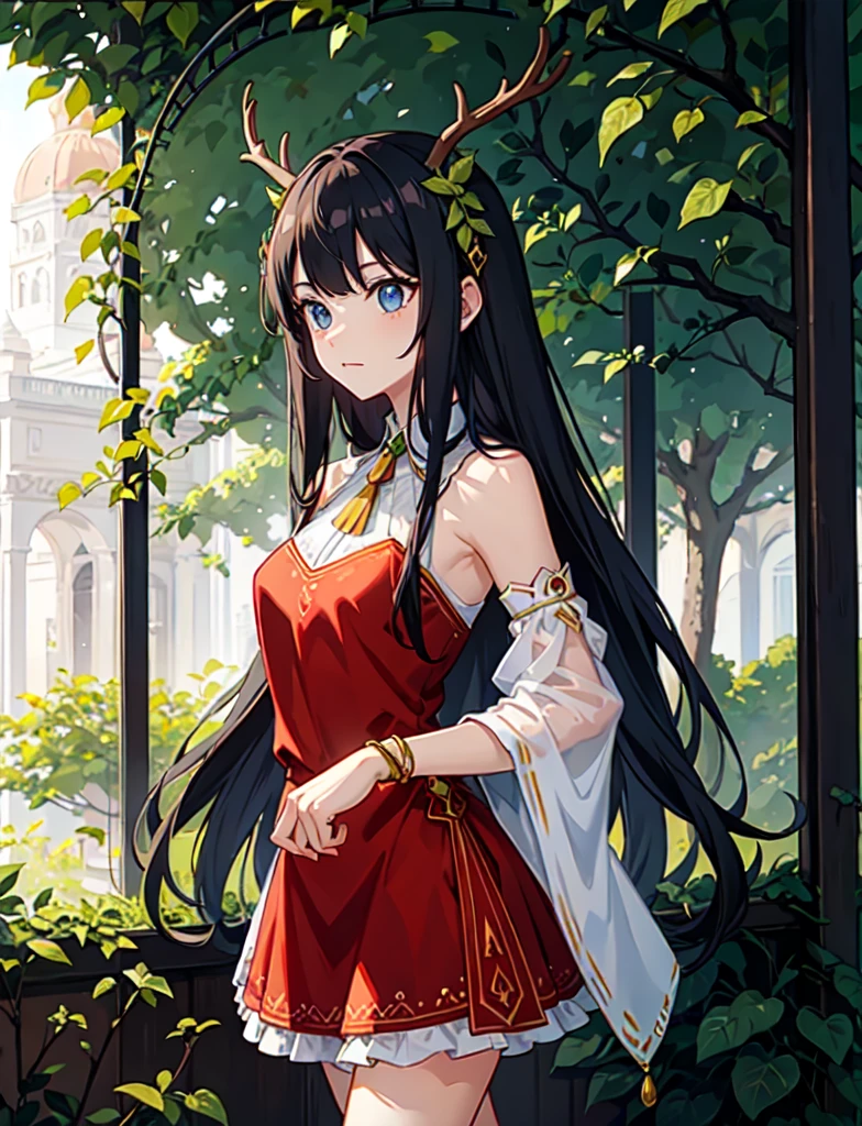 Human half deer, faunesa, arch of leaves