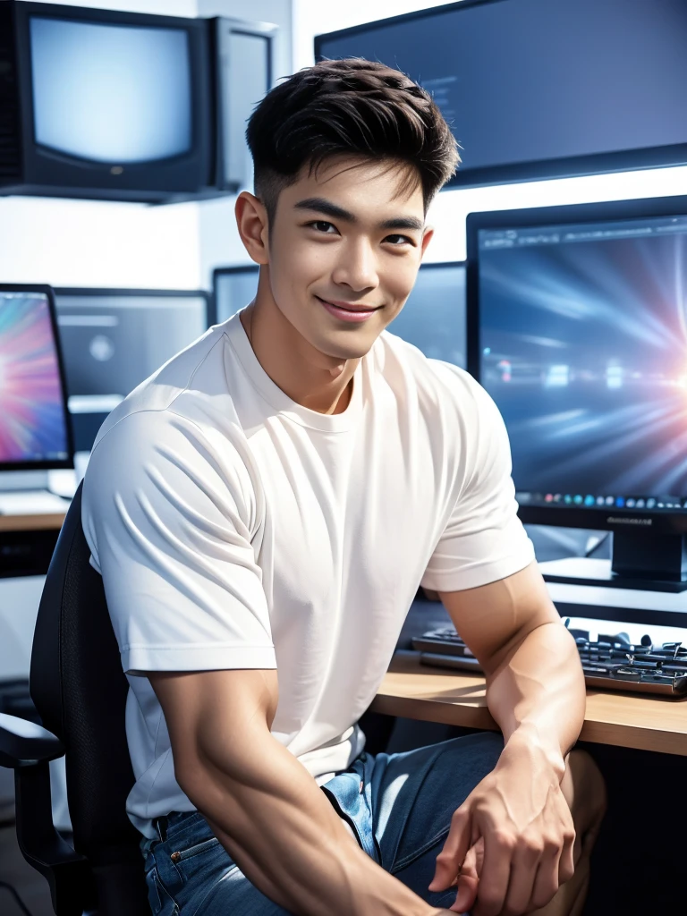 manhandsome สมจริง ธรรมชาติ เหมือนจริง , T-shirt, jeans, black short hair , outdoor , cute smile , หน้าhandsomeแบบเกาหลีสมจริง , muscle , Masterpiece、High resolution、Surreal、detailed face、alone、man、Glowing skin、(Asia)、handsome、(Sitting in the computer room:1.5)