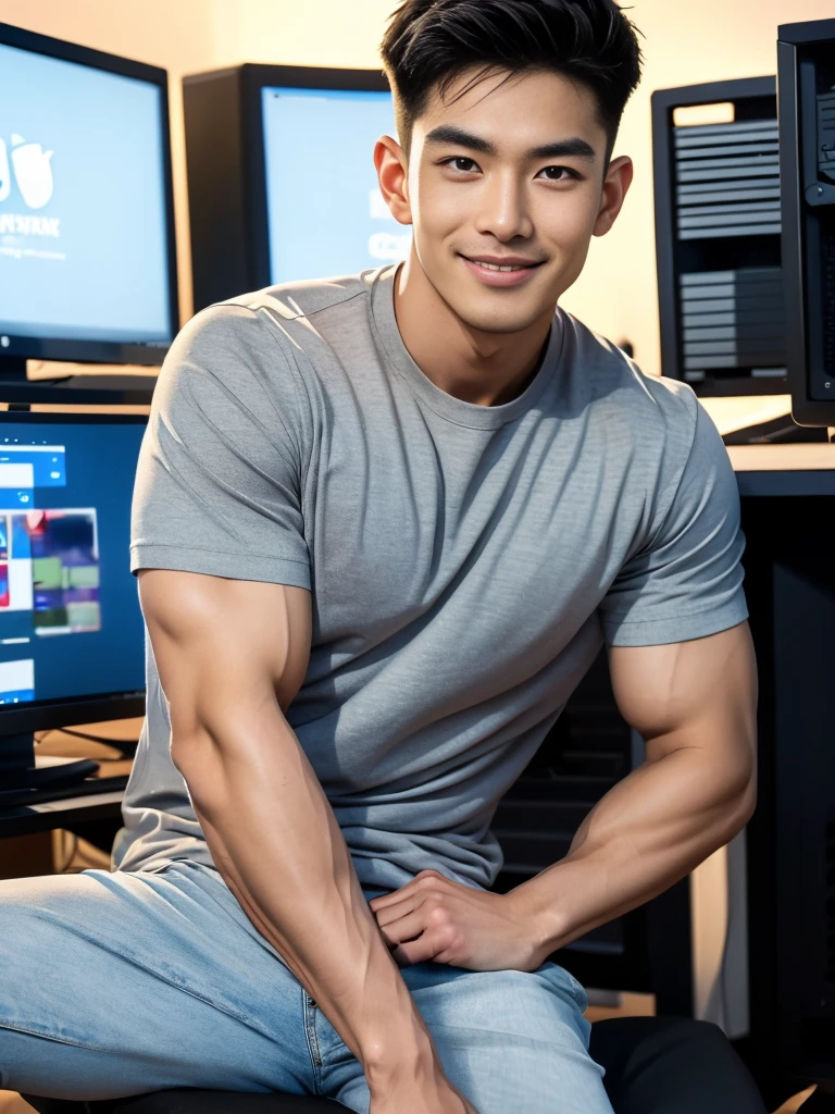 manhandsome สมจริง ธรรมชาติ เหมือนจริง , T-shirt, jeans, black short hair , outdoor , cute smile , หน้าhandsomeแบบเกาหลีสมจริง , muscle , Masterpiece、High resolution、Surreal、detailed face、alone、man、Glowing skin、(Asia)、handsome、(Sitting in the computer room:1.5)
