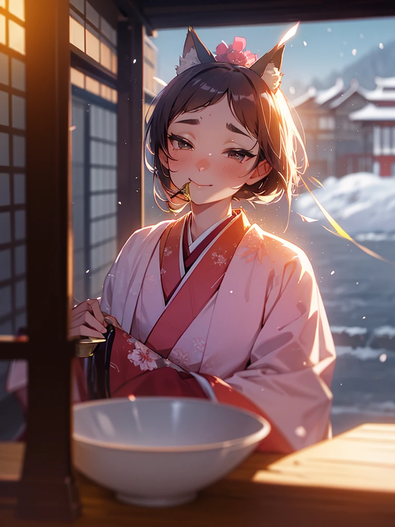 (Sumilux f1.4 50mm , low Latitude old color negative film , cross process , bokeh, flare, chromatic aberration , soft focus, (Shallow focus) , soft glow , Maximum aperture, High Key , Transparent depiction) , kawaii hentai anime , Japanese Heian period , Royal girl, fox ear , (round Maro eyebrows) , kimono, sitting , (Peony flowers blooming:0.8) , closeup face , Snow is falling , steamy breath , with Biwa hōshi , Drinking from a sake cup , cloudy sake