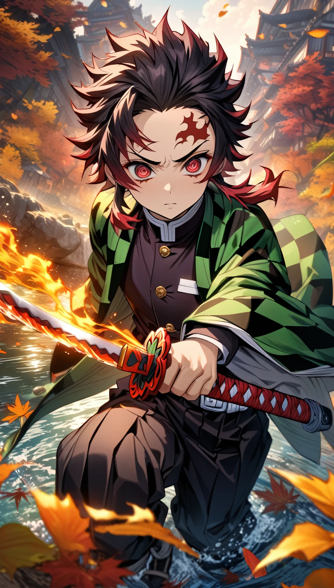 Ultra detailed, highres, absurdres, HDR, master piece, Kamado Tanjirou, ruffled black hair with burgundy tips, expressive dark red eyes, Kimetsu No Yaiba, water, autumn, petals, orange and yellow leaves, sexy man, solo, handsome, demon slayer uniform, green haori, best quality, red mark on his forehead, holding katana, fire katana, fight, epic