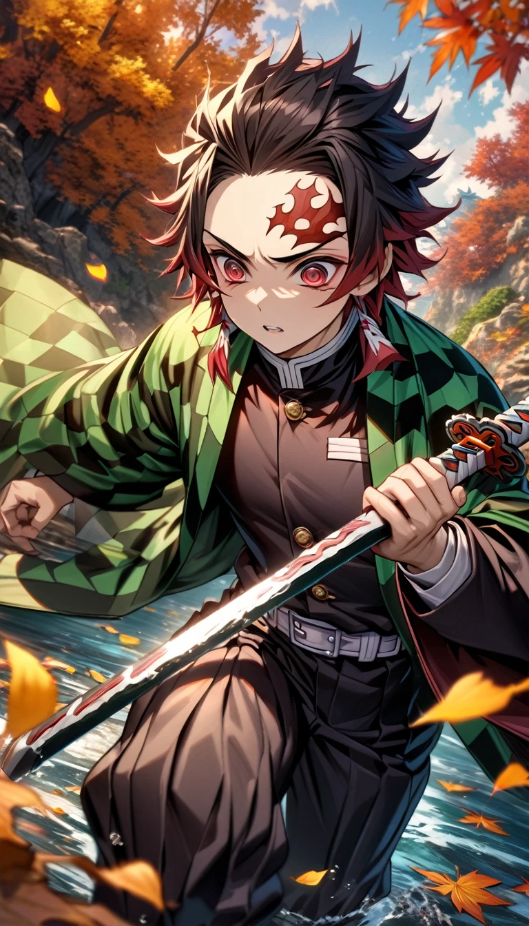 Ultra detailed, highres, absurdres, HDR, master piece, Kamado Tanjirou, ruffled black hair with burgundy tips, expressive dark red eyes, Kimetsu No Yaiba, water, autumn, petals, orange and yellow leaves, sexy man, solo, handsome, demon slayer uniform, green haori, best quality, red mark on his forehead, holding katana, fire katana, fight, epic